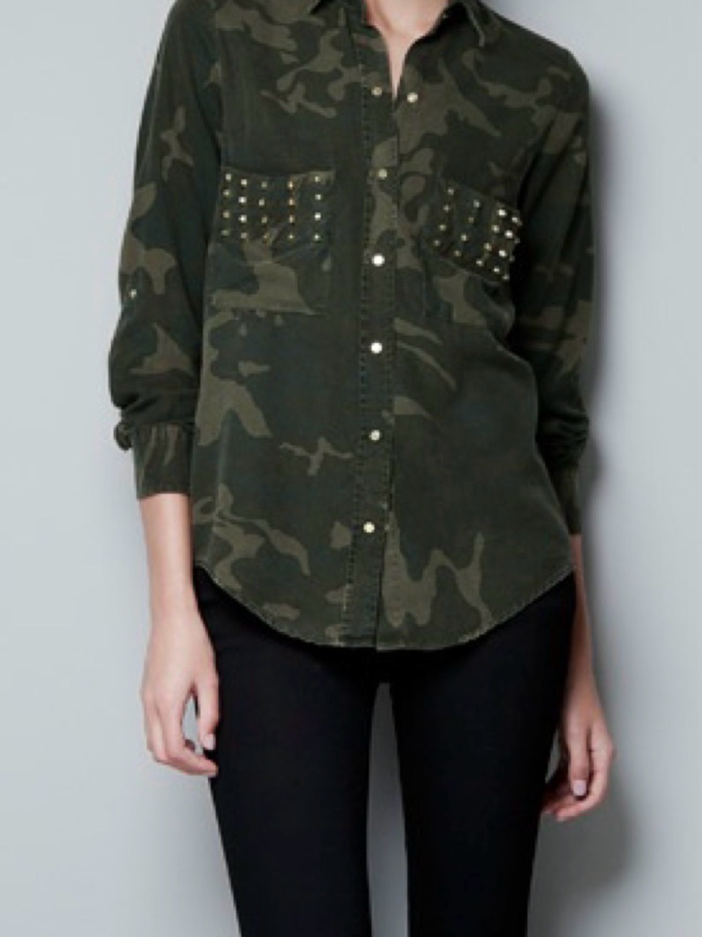 Zara Olive Green Camouflage Studded Pocket Button-Down Shirt